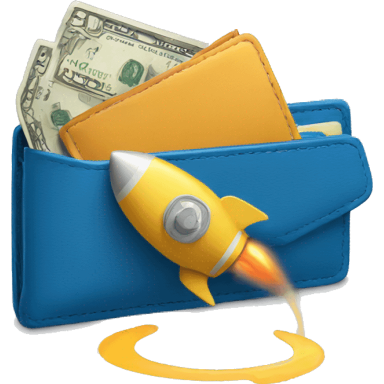 in the emoji style of a blue colored wallet linked to a rocket emoji