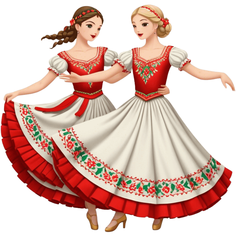 Cinematic Realistic scene of two dancers performing the Tarantella, dressed in vibrant, flowing traditional costumes with detailed embroidery and dynamic skirts, captured in festive motion with warm, lively lighting emoji