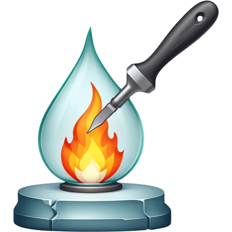 Glassworking icon, piece of glass being shaped with tools, glass cutter, flame for glassblowing, smooth edges, sparkling texture, minimalistic style, clean lines, transparent background. emoji