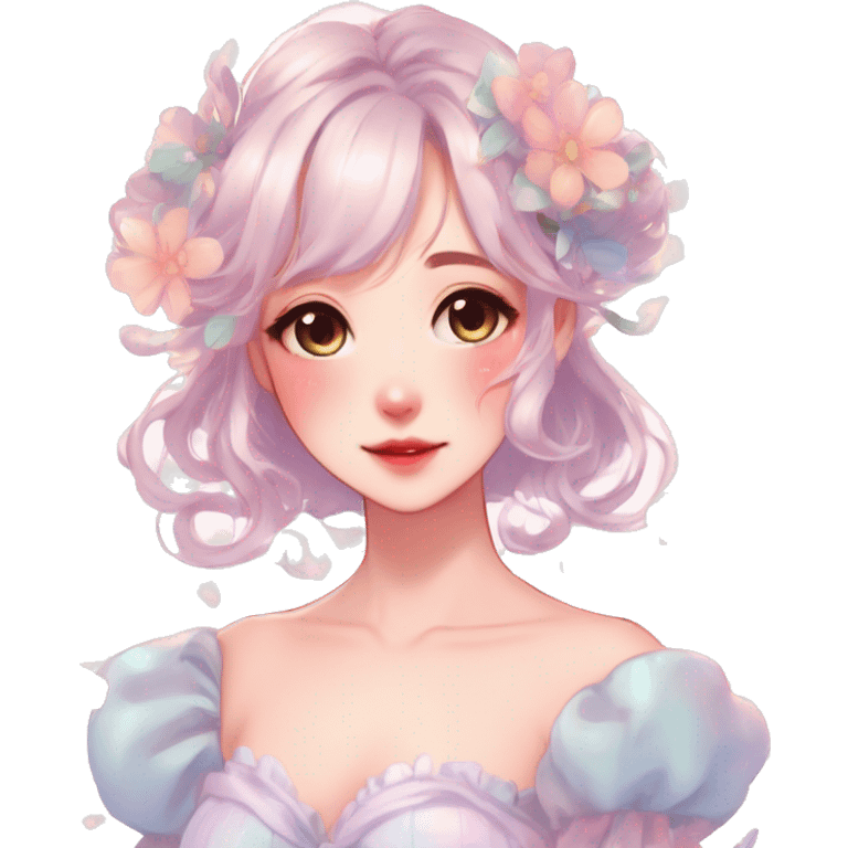 Gorgeous pastel anime style lady with blushing face with flower petals around cute dress  cottagecore fairycore pastelcore shiny colorful pearly petite simplistic aesthetic trending style emoji