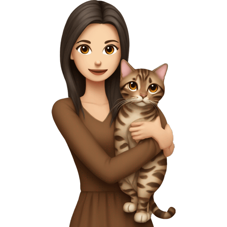 Beautiful skinny woman long dark brown hair in brown dress hug bengal cat emoji