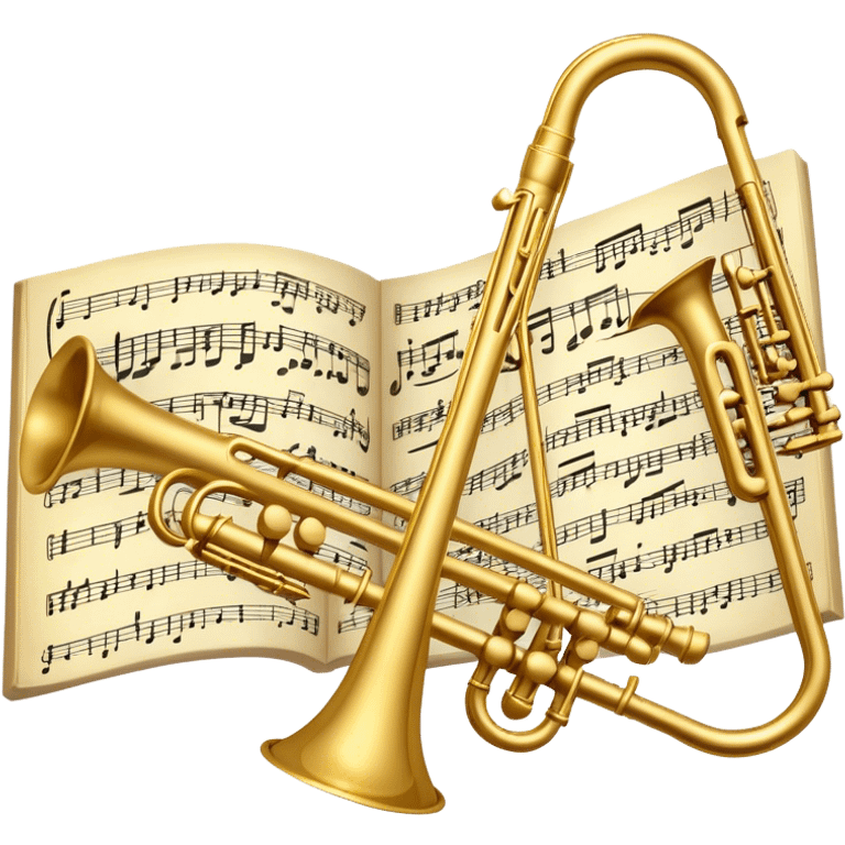 Create an elegant and artistic emoji that represents music arrangement and orchestration. The design should feature a conductor's baton, musical scores, and various orchestral instruments (e.g., violin, trumpet, flute). Incorporate flowing lines to represent harmony and orchestral balance, along with a subtle representation of sheet music. Use rich, classical colors like gold, silver, or deep blue, and create an atmosphere of sophistication and precision. The background should be transparent. emoji