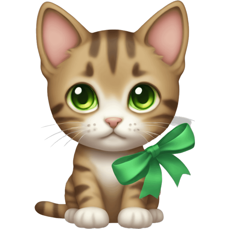 kawaii brown tabby kitten with green eyes and pastel green bow emoji