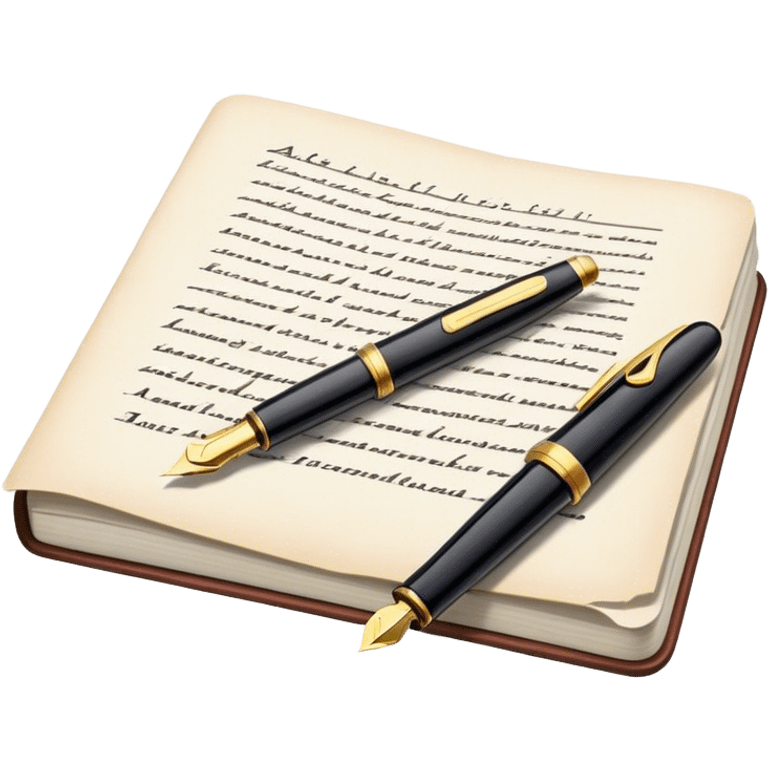 Create an emoji representing journalism and publicistic writing. The design should feature an open newspaper or a stack of articles with visible text columns, symbolizing opinion pieces and analysis. A classic fountain pen or ballpoint pen should be placed near the papers, indicating the act of writing. Optionally, include a small microphone or a press badge to emphasize investigative and journalistic aspects. Use neutral and professional colors like black, white, and muted blue or red. Do not include any emojis or smiley faces. Make the background transparent. emoji