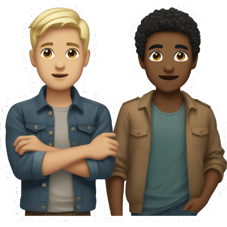 Two young men raising their right hand up one is blonde brown eyes and one is black hair brown eyes and a bit tan emoji