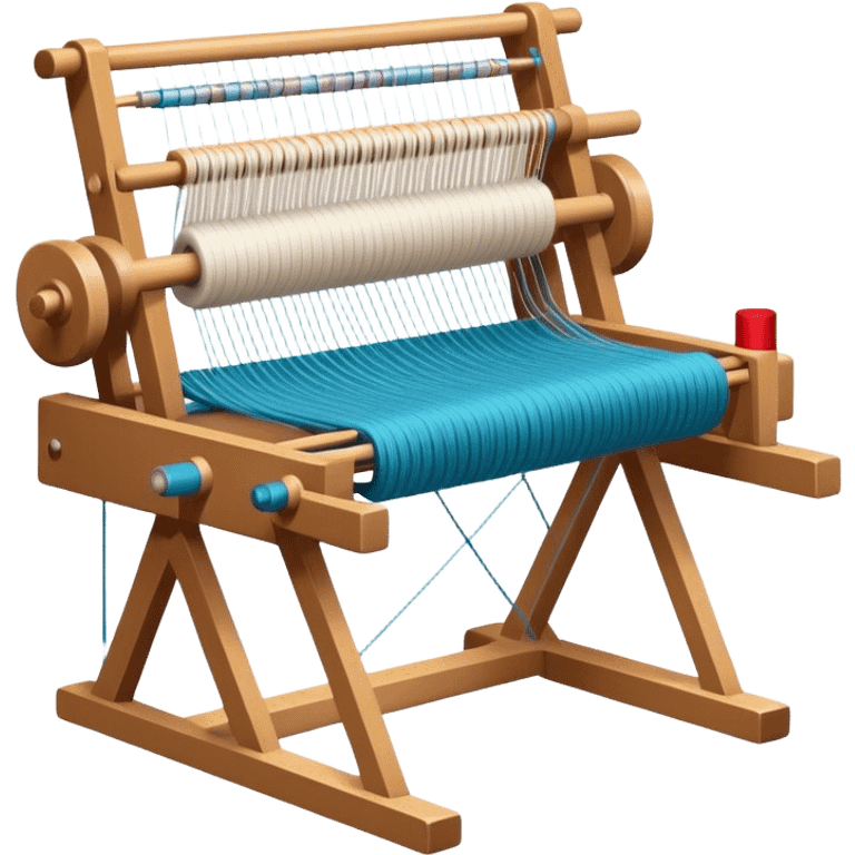 Weaving icon, loom with threads in various colors, visible shuttle, spools of yarn, and weaving tools in progress, fabric being woven, minimalistic style, clean lines, transparent background. emoji