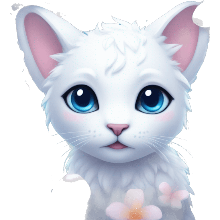 Edgy Cute Cool Kawaii gorgeous sparkly ethereal white fantasy animal creature with blue eyes sona with flowers and butterflies beautiful aesthetic emoji