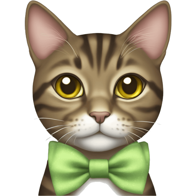 brown mackerel tabby cat with greenish yellow eyes and girly bow emoji