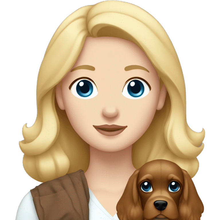 Blonde haired woman with blue eyes holding brown cocker spaniel with white chest emoji