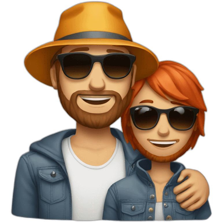 red haired man with beard wearing bucket hat and sunglasses hugging another person emoji