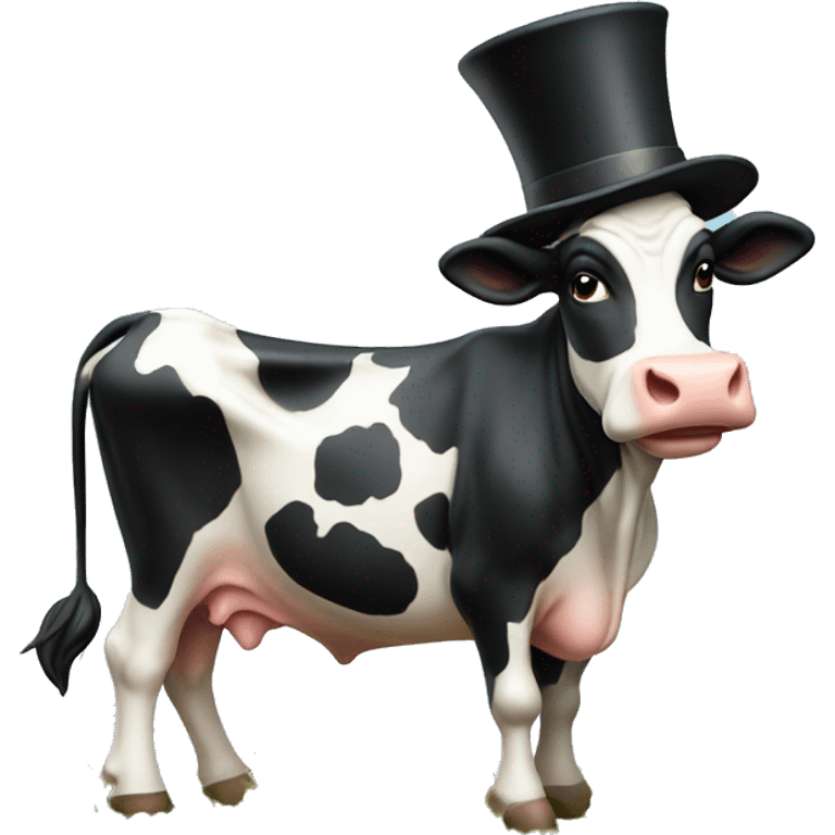 a fresian cow in a field with a tophat emoji