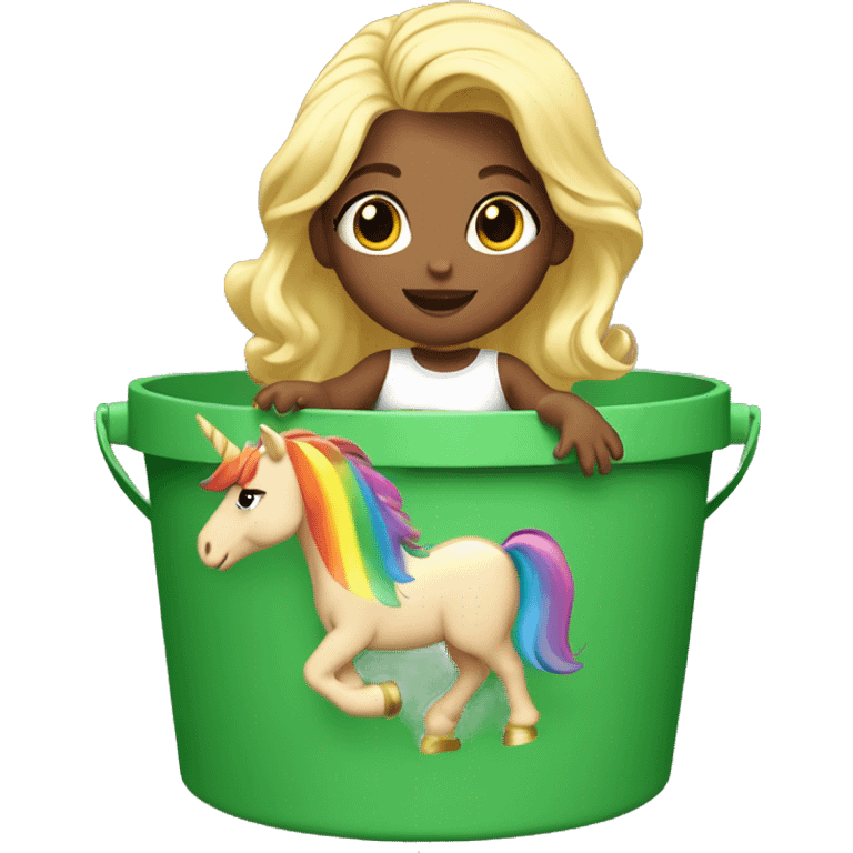 Blonde baby girl, inside of a green bucket riding a unicorn with rainbow hair ￼ emoji