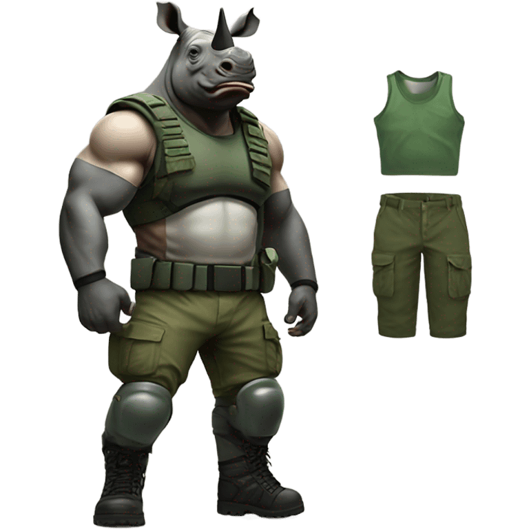 Rhino with muscles wearing a green army helmet with a blank tank camo pants and black boots  emoji