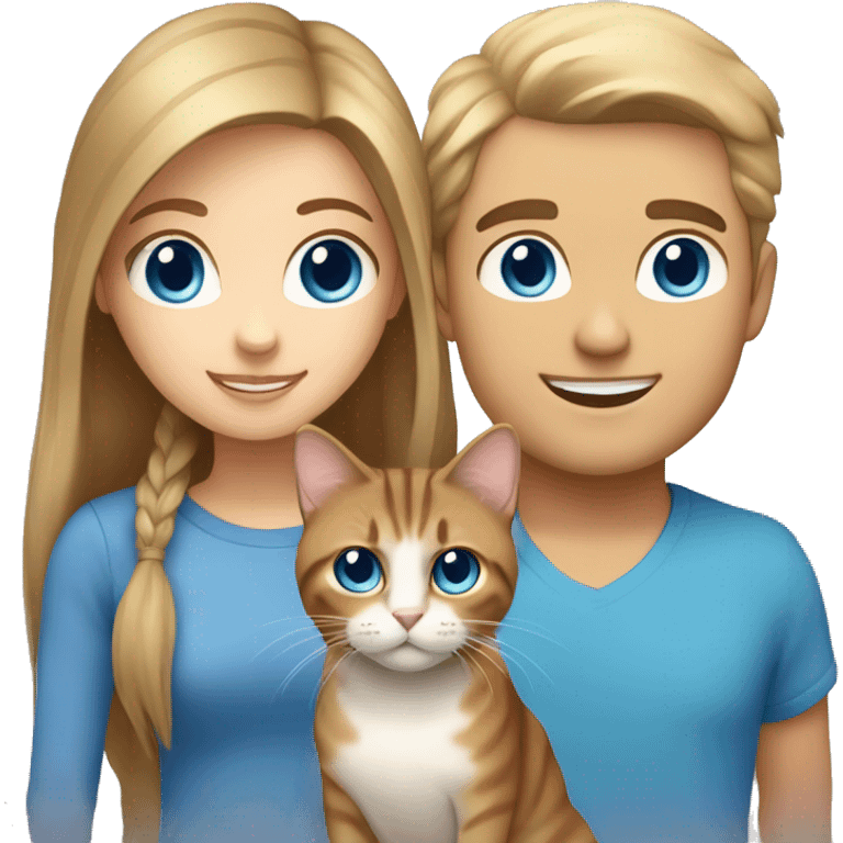 Long Brown hair girl with brown eyes, and blond white man, blue eyes holding tabby cat  emoji