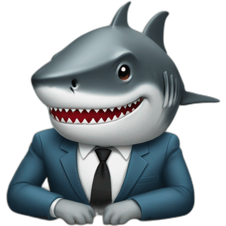 A shark sitting at a table wearing a suit looking straight emoji