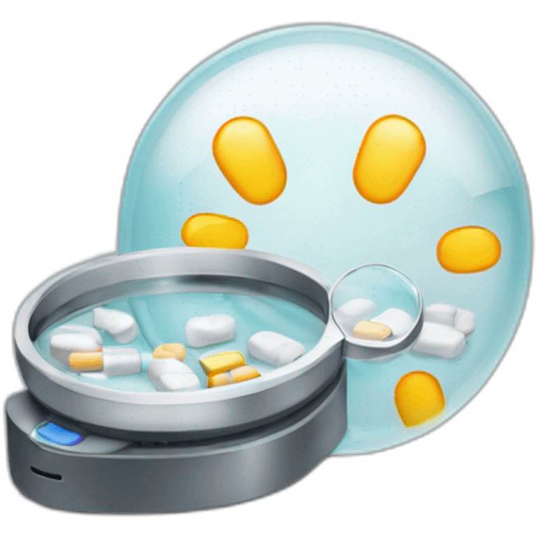 i want an emoji representing a printer with a magnifying glass covering it showing medication drugs emoji