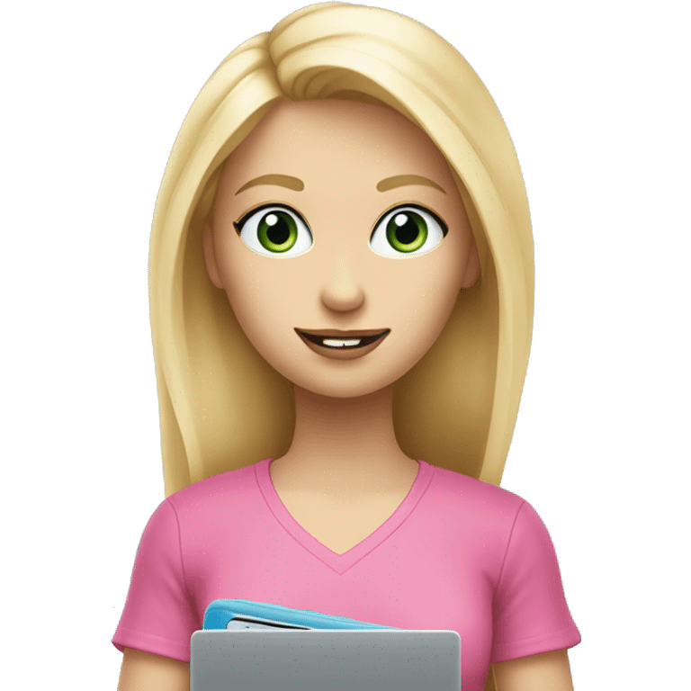 blonde hair bkue eyes girl with pink top and laptop emoji