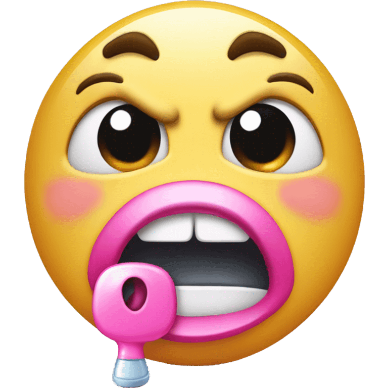 Crying emoji with pink pacifier in mouth, cheeks puffed out and looking angry while blushing. emoji