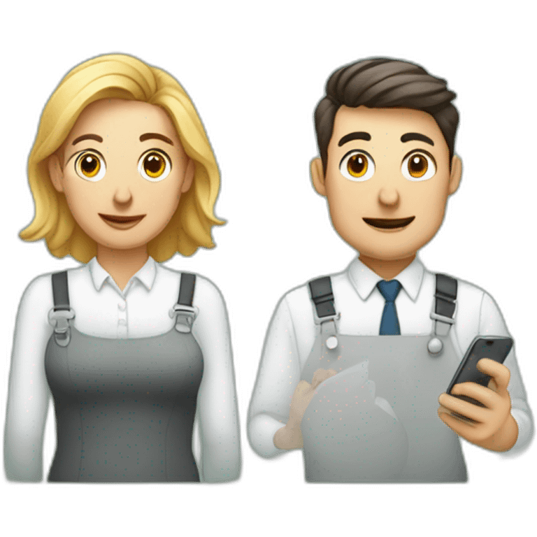 Design emoji: Man and woman in a bank with crossed-out phones, expressing "No Payees Added" for a friendly baking app screen.  emoji