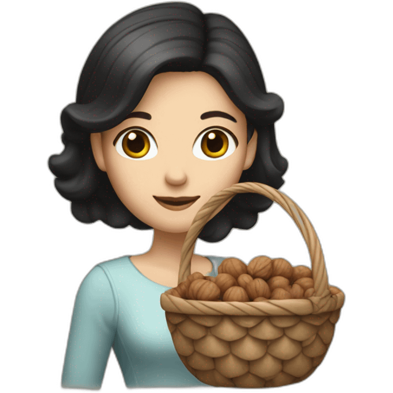 White girl with black and small hair holding a basket of walnuts emoji