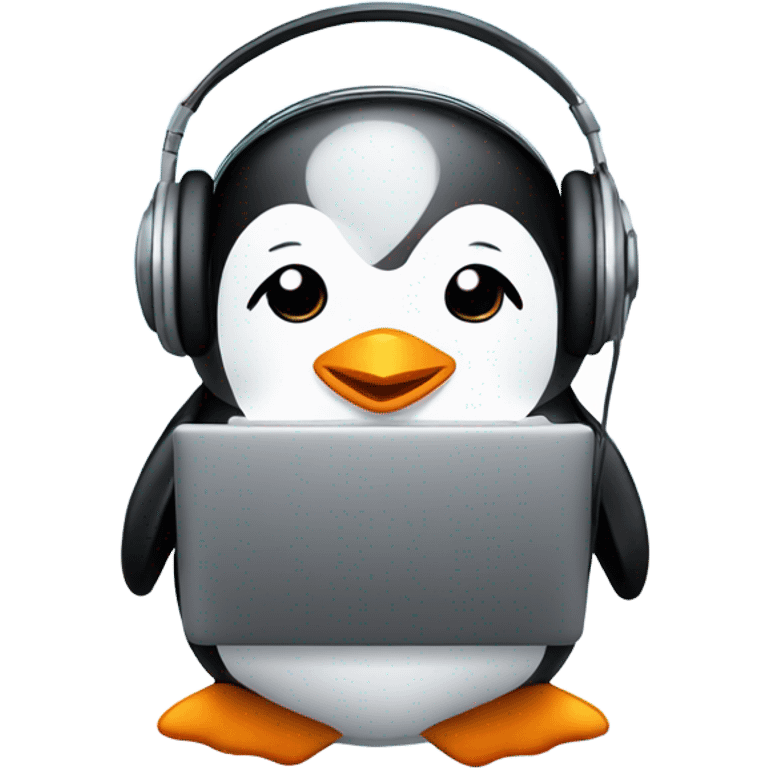 cute penguin with laptop & headphone & clouds emoji