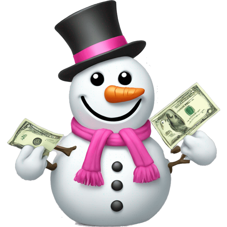 Snowman with pink accessories and money in hands emoji