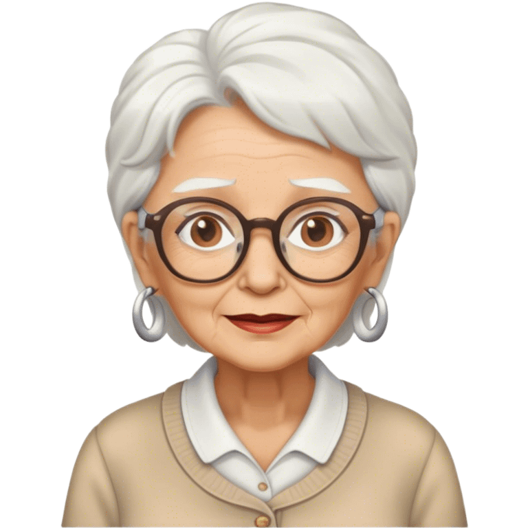 76 year old lady with white hair, glasses nd aa tan emoji