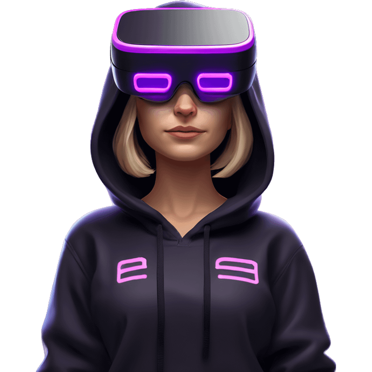 Russian girl wearing black hoody with violet letters "OMG", in vr headset oculus quest2. Standing like jedi. Cyberpunk style. Violet neon. emoji