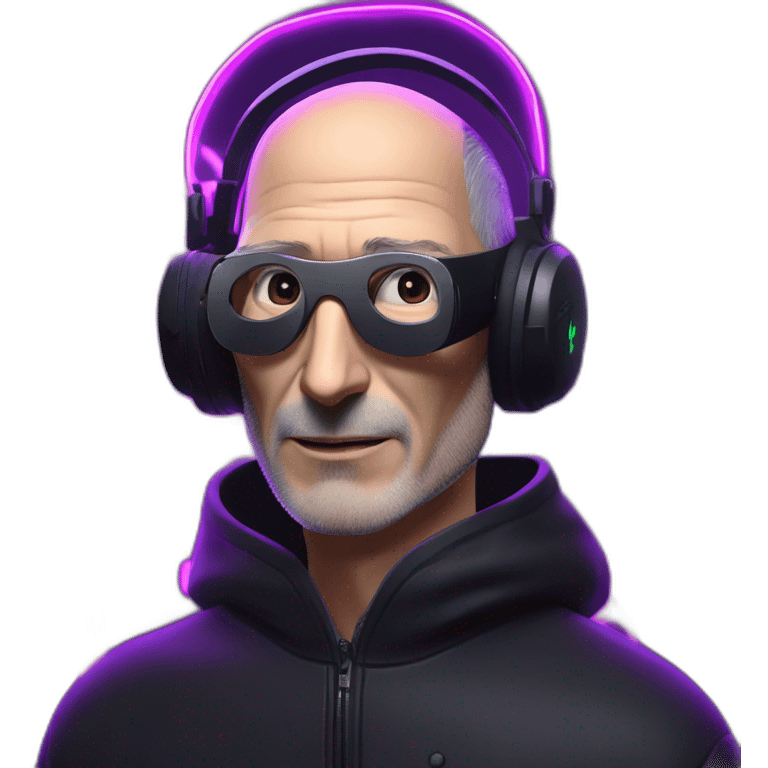 Steve Jobs wearing a black hoodie with "OMG" letters on it and VR headset in a cyberpunk VR environment with violet neon lighting. emoji