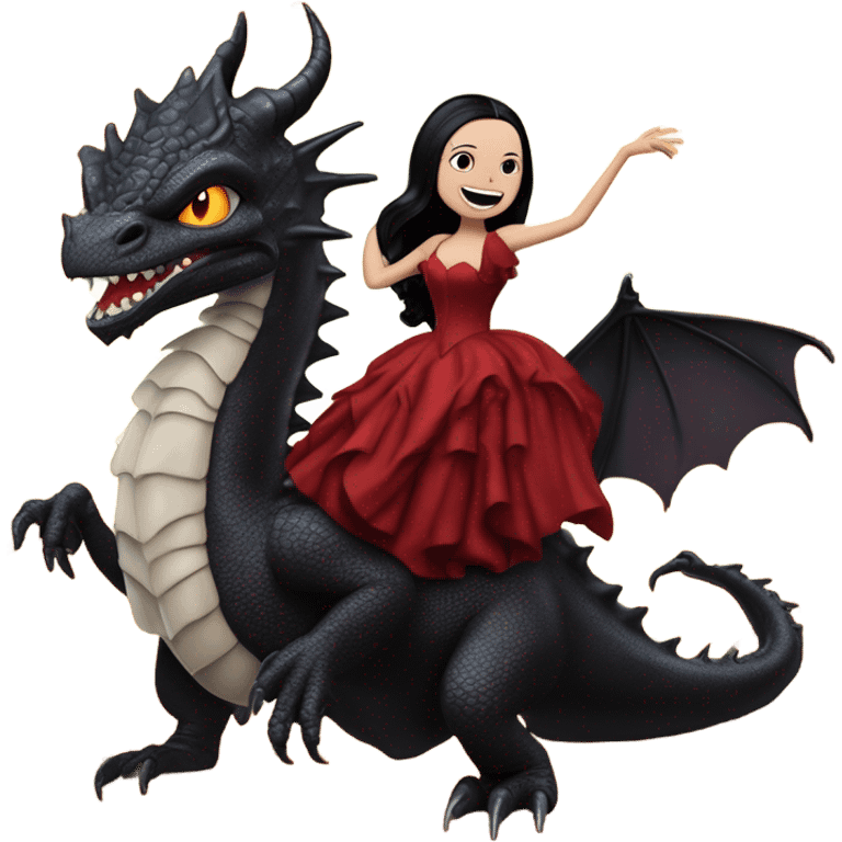 painting Lavish Victorian evening gown, Jenna Ortega as young Morticia Addams Jedi wearing a mini tiara, riding on the back of a very large blood red evil-looking fire-spewing horned dragon emoji