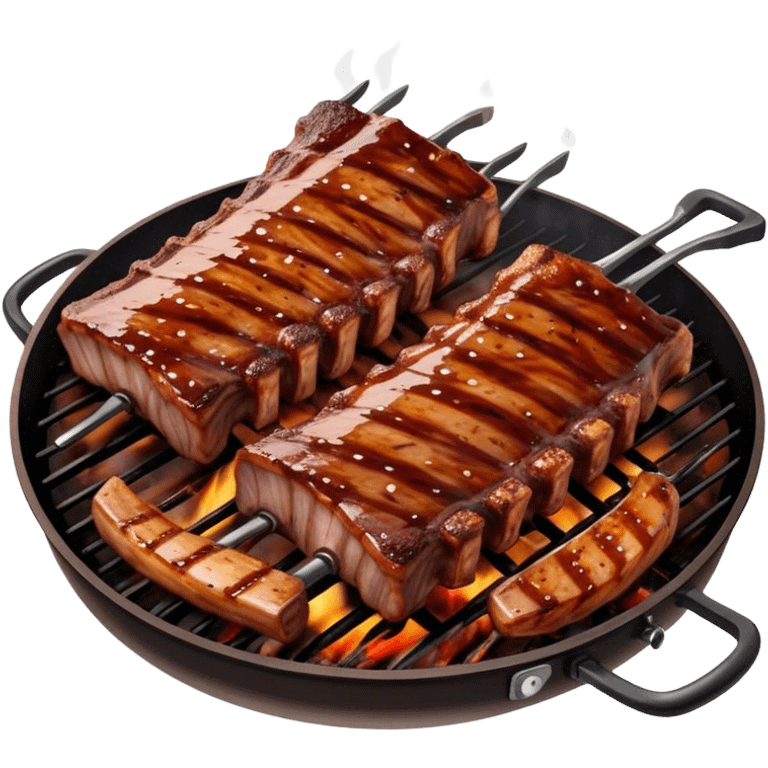 Cinematic juicy grilled ribs, glistening with smoky barbecue sauce, charred edges, tender meat falling off the bone, sizzling on a hot grill, mouthwatering and rich, warm and inviting, ultra-realistic and delicious. emoji