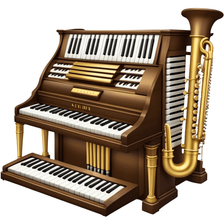 Create an elegant and majestic emoji representing a classical organ. The design should feature the grand pipes of the organ in the background, with visible details of the keys and pedalboard in the foreground. The pipes should be tall and impressive, with a mixture of gold, silver, and metallic shades to emphasize the grandeur of the instrument. The keyboard and pedals should be well-defined, capturing the intricate craftsmanship of the organ. Use dark wood tones and gold accents for the body of the instrument to give it a rich, historic feel. Add subtle musical notes around the organ to evoke its deep, resonant sound. The background should be transparent. emoji