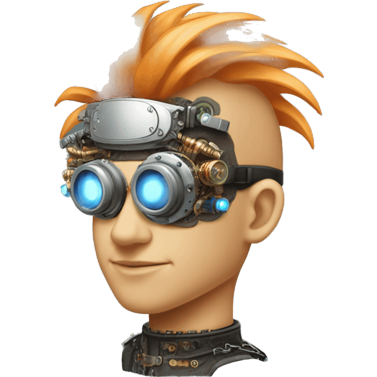 Light orange Mohawk hair male cyborg head with silver steampunk goggles and circuits emoji