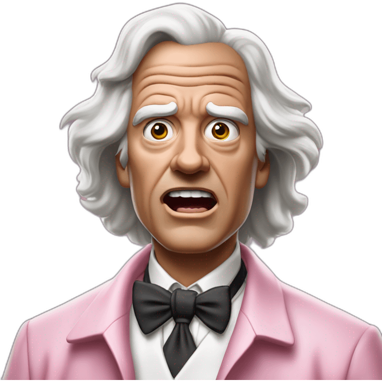 Doc brown from back to the future looking shocked and his mouth wide open. No eye-ware. Wearing a silver robe with black trim over a pink collard shirt with white tie. emoji