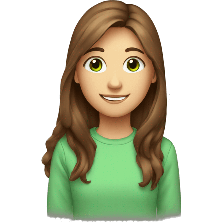 girl, long brown hair, smile, green eyes, sweatshirt emoji