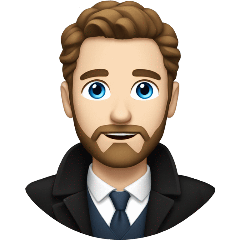 White male in 30s, blue eyes, with brown hair, a beard and a long smart black coat emoji