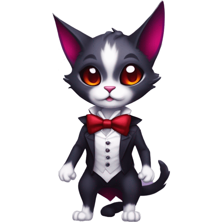 Cute-Evil-Vampiric-Batty-Cat-Black-Purple-Red-White-Contrast-Colors-Fantasy-Fur-Sona-Chibi-Shiny-Fakémon-Hybrid with horns and big fangs neck bow white tie leg spats full body emoji