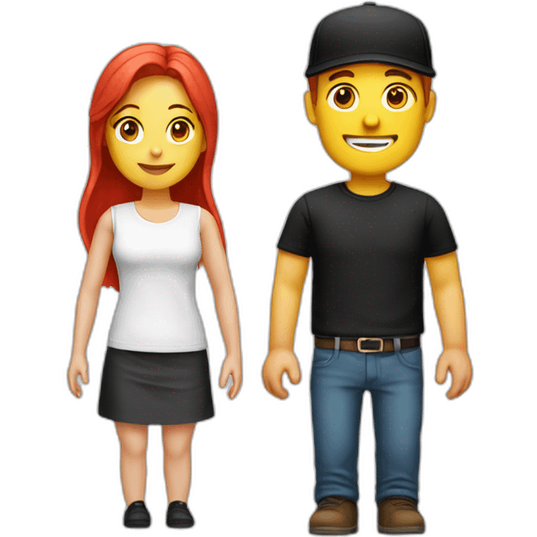 couple blond man with black cap and white shirt, woman with red hair shirt with neckline emoji