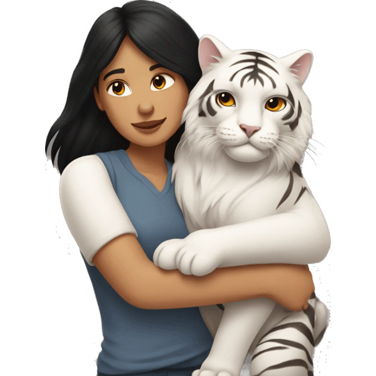 White woman with black hair hugging a Himalayan tiger cat emoji