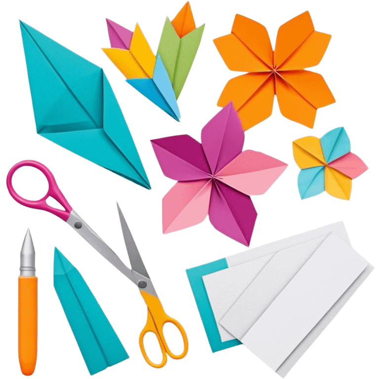 Paper crafting icon, various paper crafts like origami, paper flowers, and scrapbooking materials, visible tools such as scissors, glue stick, and paper sheets, colorful paper patterns, minimalistic style, clean lines, transparent background. emoji