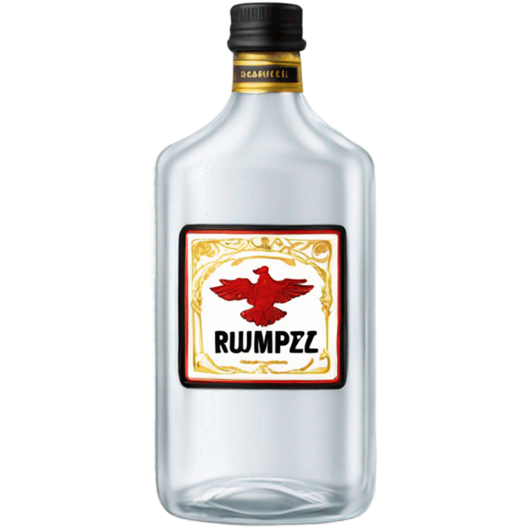 clear bottle of rumpleminze clear alcohol with a label that black with red border and font that has a small gold eagle on the label that says “RUMPZ” emoji