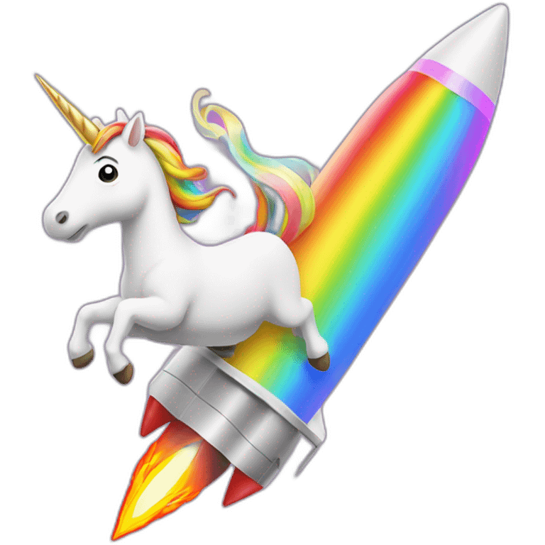 unicorn riding a rocket with rainbow flames emoji