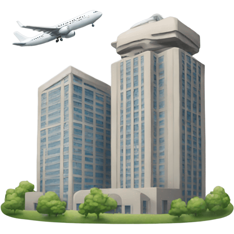 Large building towers with an airplane emoji