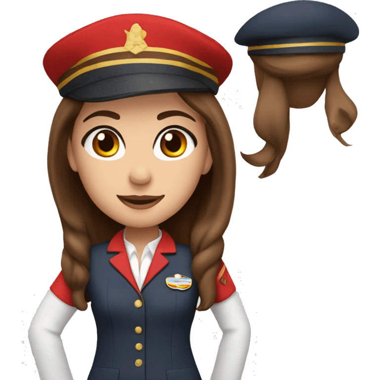 A white stewardess with long brown hair and brown eyes  in a red uniform and a red beret emoji