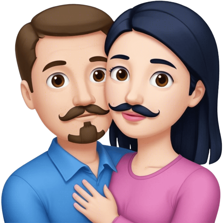 Tall white man with brown mustache goatee wearing blue hugged by a short pale woman with long black hair wearing pink emoji