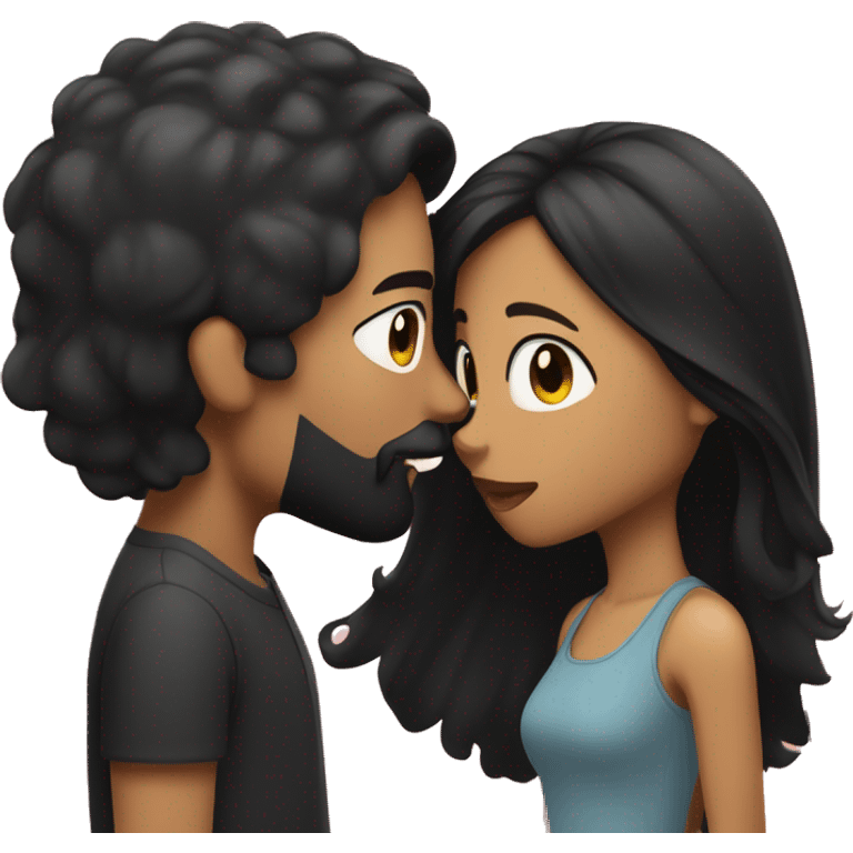 Medium skinned toned short bearded man with black hair kissing medium skin toned girl with black long hair emoji