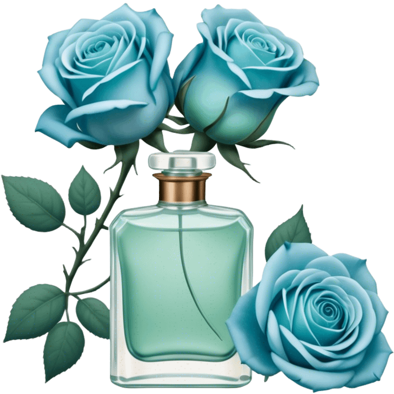 Aesthetic composition of soft blue roses with a vintage-style green  perfume bottle.
 emoji