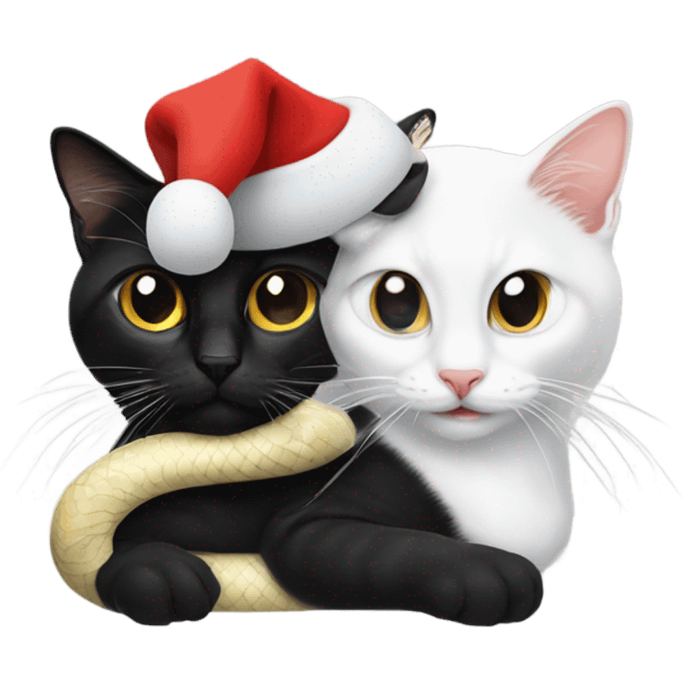 snake on a black and white cat, both wearing santa hats emoji