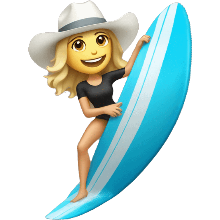 White Girl surfing a wave wearing a cowboy hat emoji