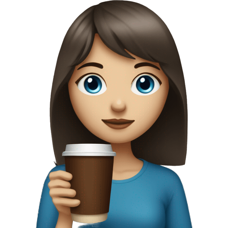 a girl with blue eyes with bangs on dark brown hair drinks coffee emoji